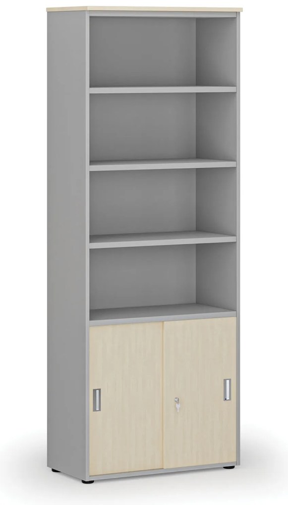 Kombinovaná kancelárska skriňa PRIMO GRAY, zasúvacie dvere na 2 poschodia, 800 x 420 x 2128 mm, sivá/breza