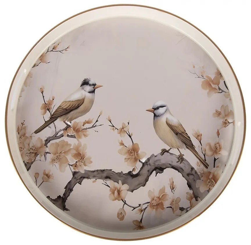 Béžový okrúhly podnos s vtáčikmi a úchytmi - Ø 46*4 cm