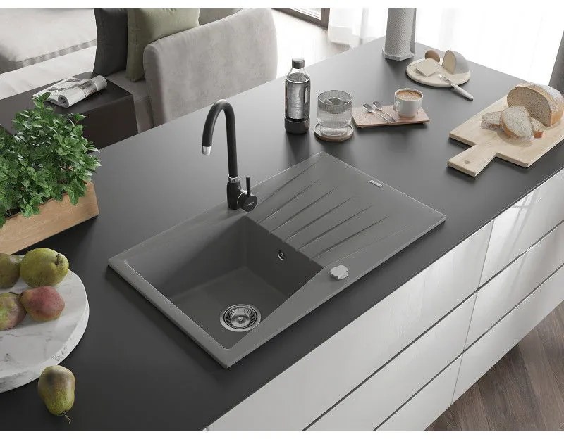 Mexen Cesar, granitový drez 775x470x190 mm, 1-komorový, šedá s chrómovým sifónom a čierna drezová batéria Telma, 6514-71-670200-70