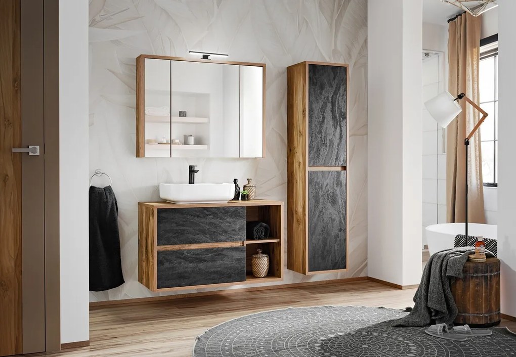 Kúpeľňová závesná skrinka vysoká Hampton Concrete 2D tmavý betón/dub hunton