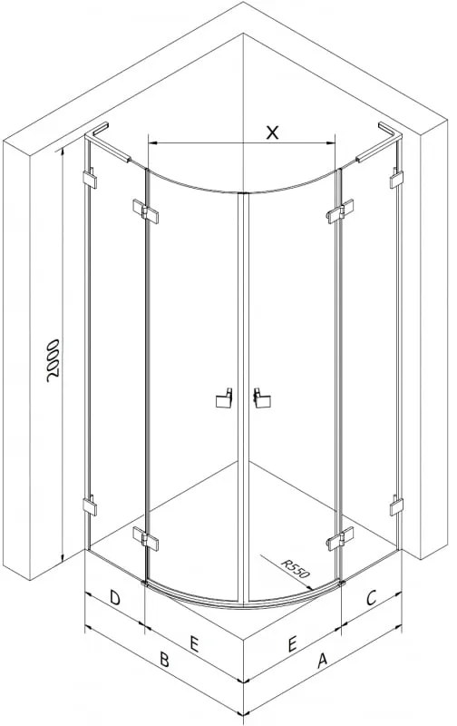 Mexen Lunar, L pravý polkruhový sprchový kút 80 x 70 cm, 8mm číre sklo, čierny profil, 833L-080P-070L-70-00