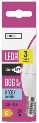 EMOS LED žiarovka, E14, Candle, 7,3 W, 806lm, 6500K, studená biela