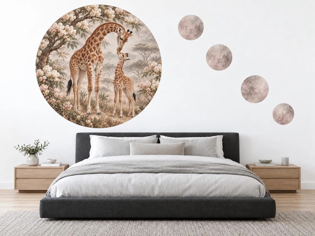 Žirafa s mláďaťom medzi kvetmi safari okrúhle nálepky na stenu do obývačky arch 46 x 46 cm