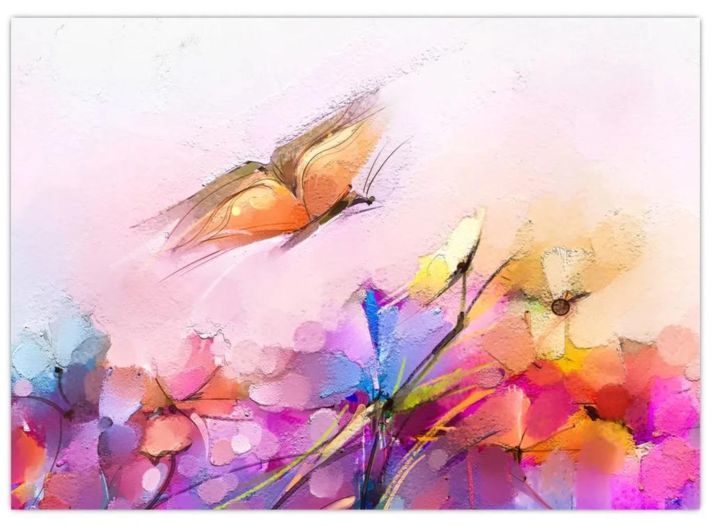 Obraz - Motýľ nad kvetinou, abstrakcia (70x50 cm)