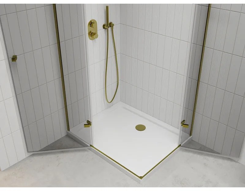 Mexen Roma Duo, sprchový kút 80 (dvere) x 70 (dvere) cm, 6mm číre sklo, zlatý profil + slim sprchová vanička 5cm biela + zlatý sifón, 854-080-070-50-02-4010G