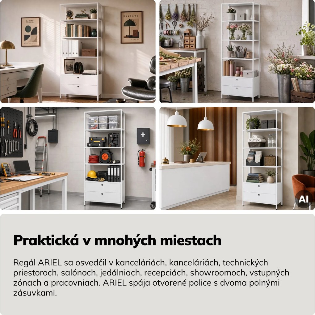 Regaál so zásuvkami do kancelárie, na zakladače a dokumenty, otvorené police, kovový, biely, 800x2200x400 mm: ARIEL