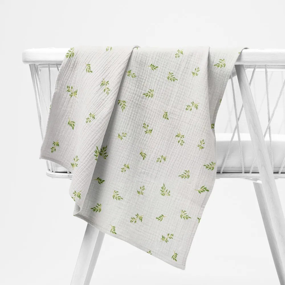 Biante Mušelínová plienka/dečka Nature MSN-081 Zelené vetvičky na bielom - ZVÝHODNENÁ SADA 3 KS 70x70 cm - Sada 3 ks