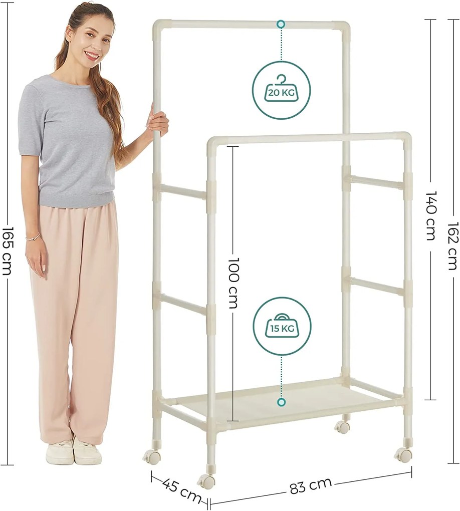 Stojan na šaty s kolieskami, 2 závesné tyče, 1 polica, 162x83x45cm, biely