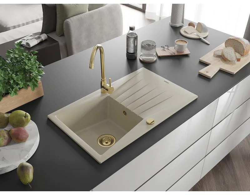 Mexen Cesar, granitový drez 775x470x190 mm, 1-komorový, béžová so zlatým sifónom, 6514771010-69-G