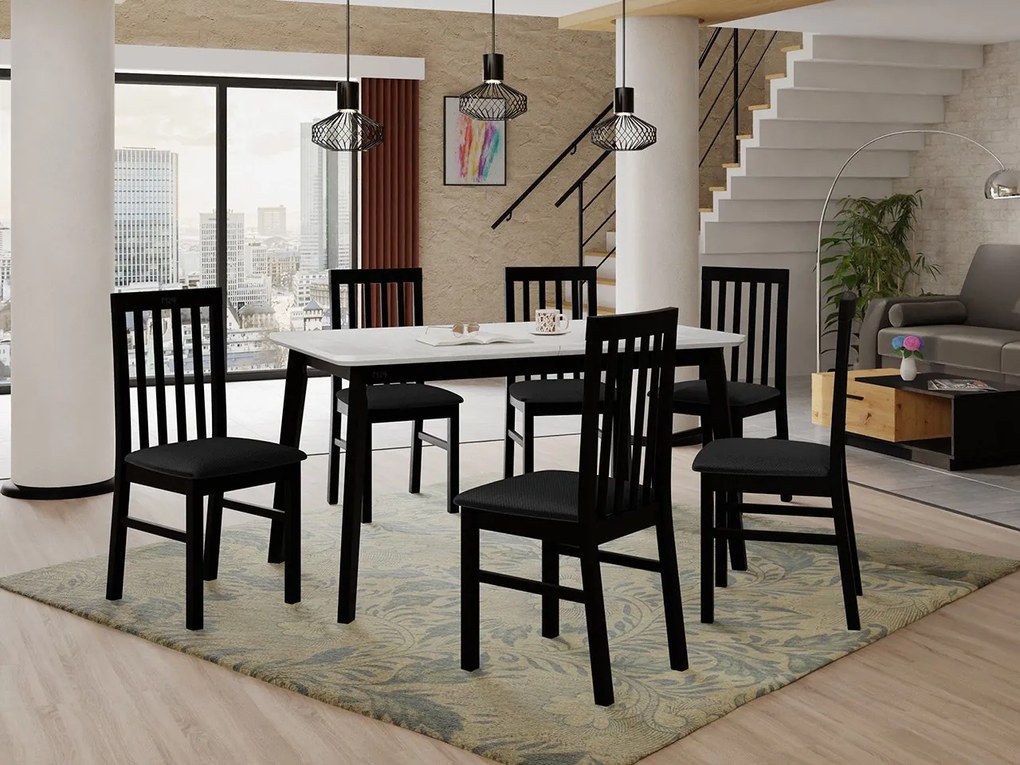 Rozkladací stôl so 6 stoličkami AL16, Morenie: biela, Poťahové látky: 26x - Kronos 22, Farby nožičiek: čierna