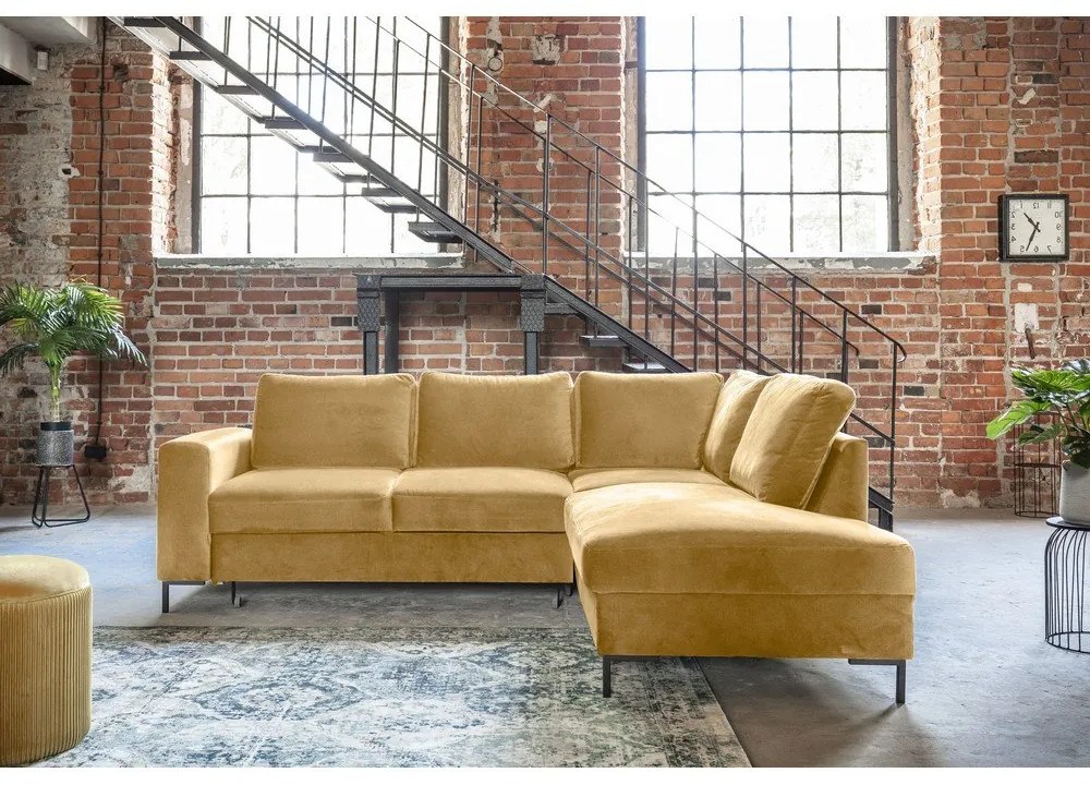 Žltá zamatová rozkladacia rohová pohovka (pravý roh) Lofty Lilly – Miuform