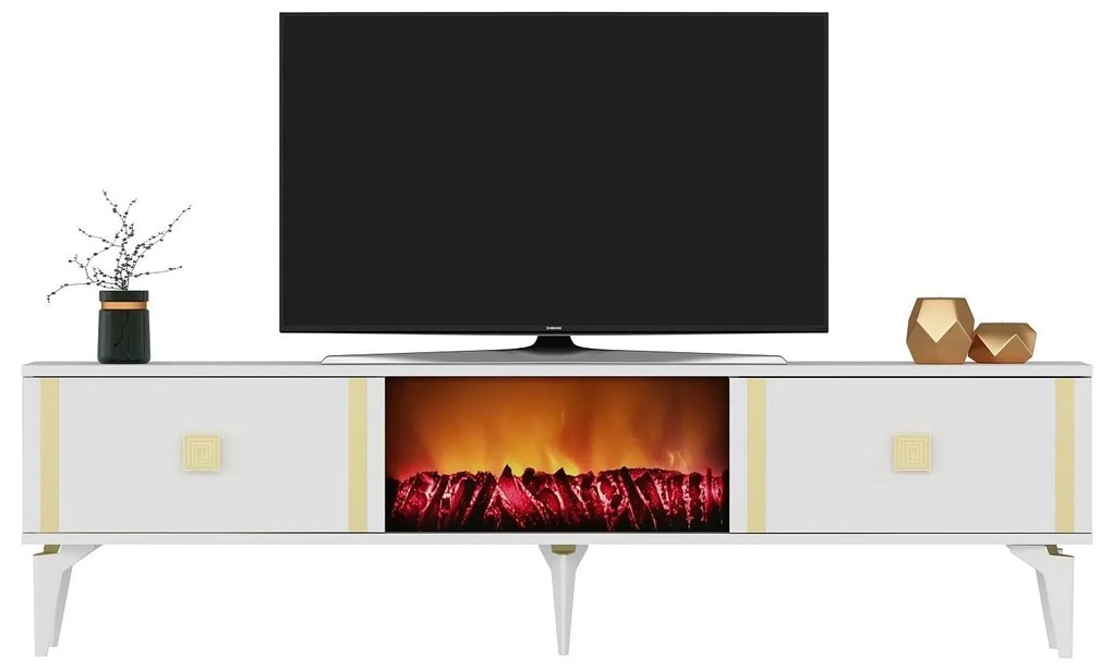 TV stolík/skrinka s krbom Tobuvu 2 (biela + zlatá) . Akcia -18%. Vlastná spoľahlivá doprava až k Vám domov. 1095521
