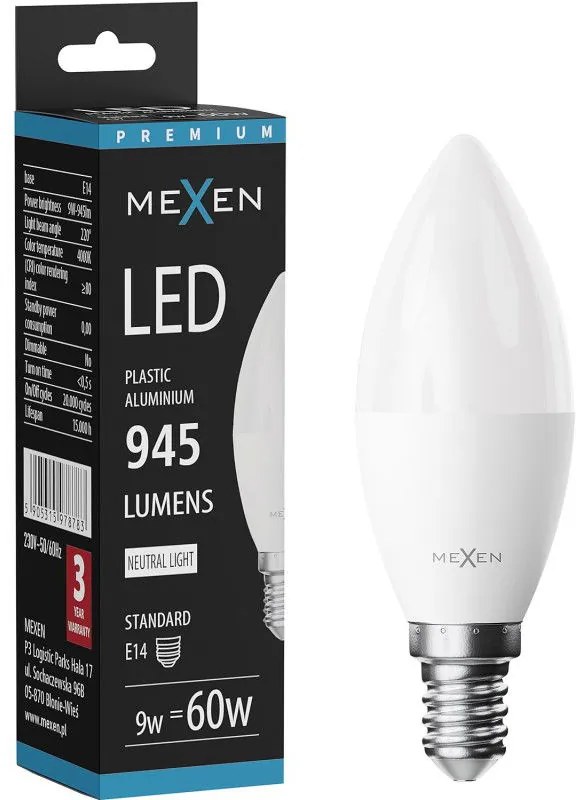 Mexen Nova, LED žiarovka E14, C37, 9W, teplá - 3000K, 945 lm - L102-E14-0930-01