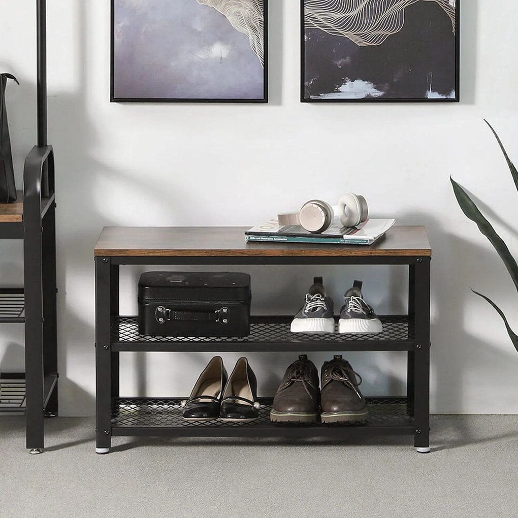 Lavica na topánky s 2 policami, botník s kovovým rámom, rustikálny hnedý