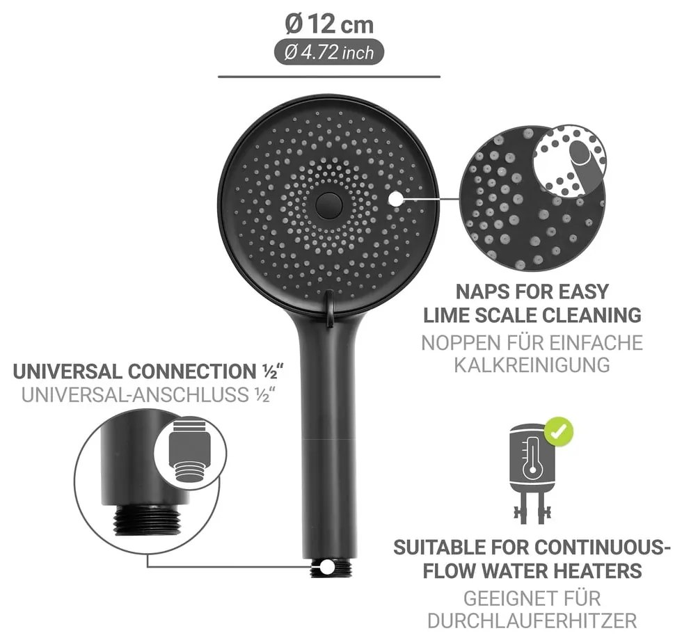 Matne čierna plastová sprchová hlavica ø 12 cm Softwater – Wenko