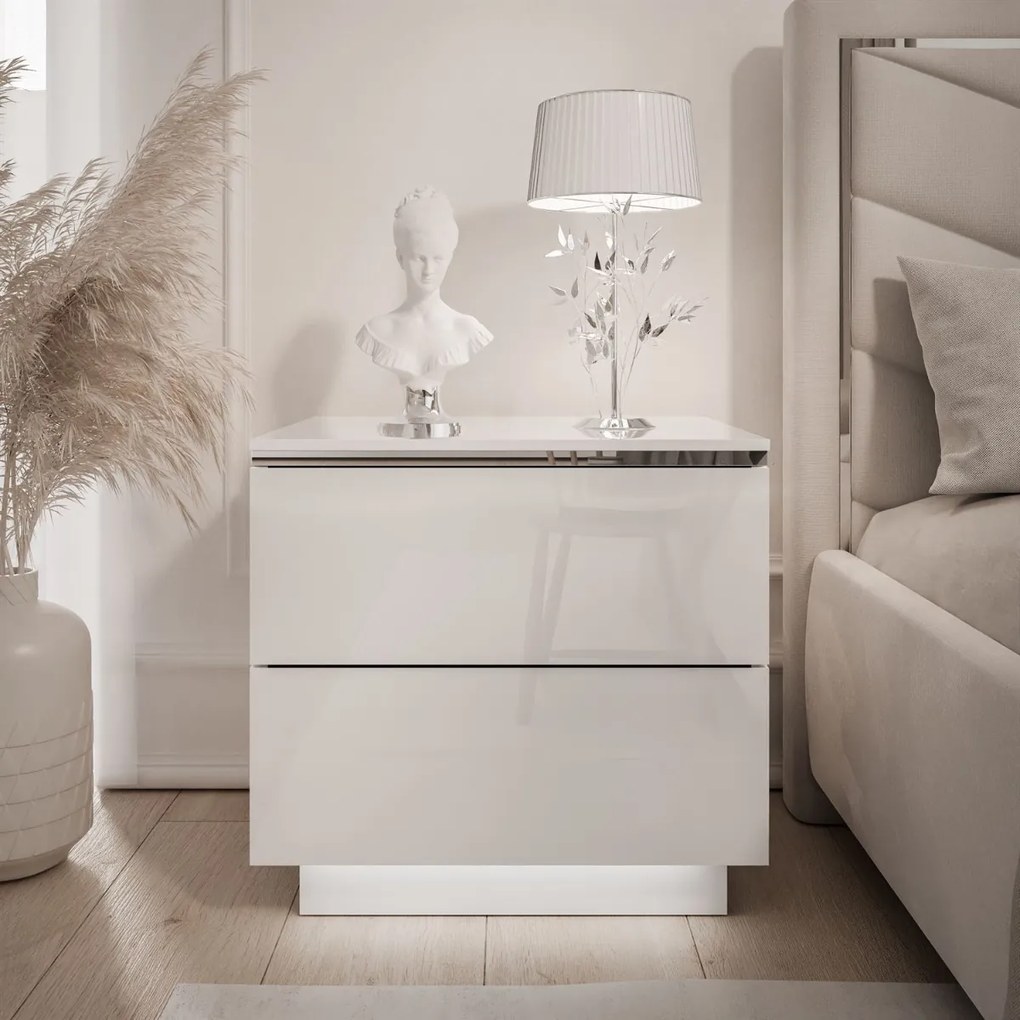 NOČNÝ STOLÍK NESSIE 2 BIELY LESK + STRIEBORNÝ LED