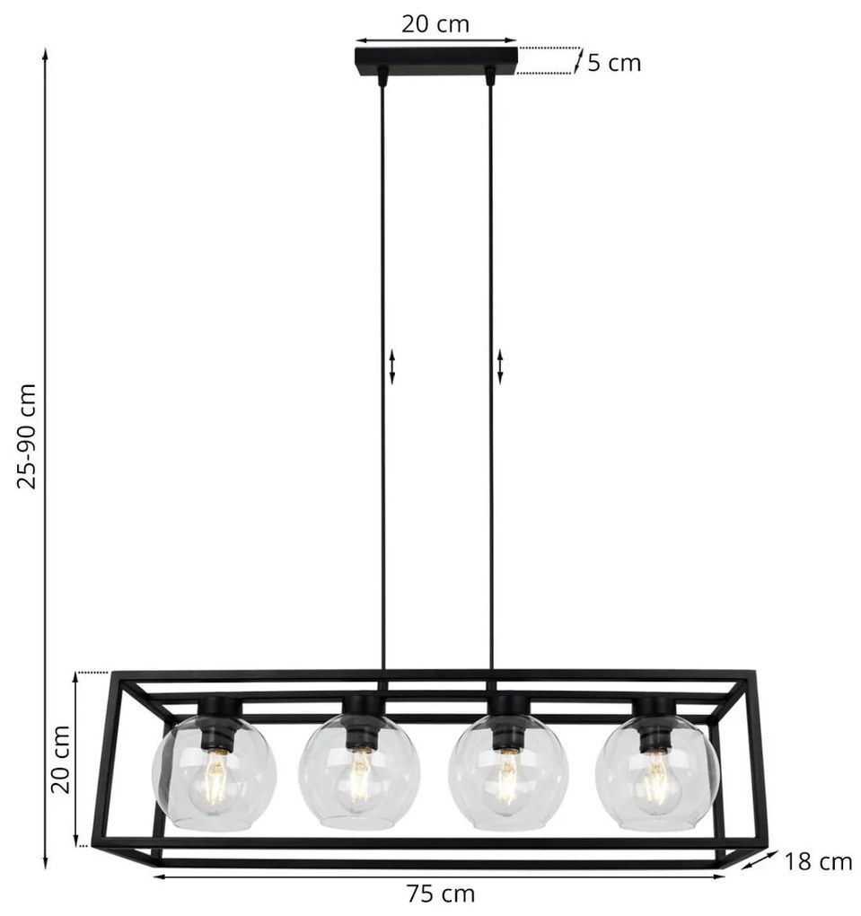 Závesné svietidlo Haga cage, 4x transparentné sklenené tienidlo v kovovom ráme