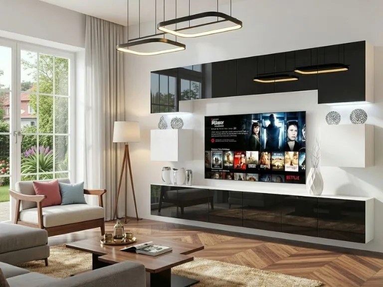 Obývacia stena Belini Premium Full Version  čierny lesk / biely lesk + LED osvetlenie Nexum 37