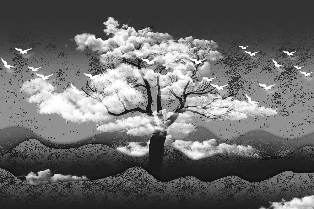 Tapeta čiernobiely strom zaliaty oblakmi - 375x250