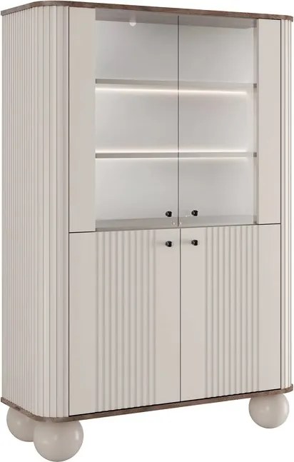 Vitrína Vesper 103 cm štvordverová - kašmír / orech / čierne úchytky / guľaté nohy