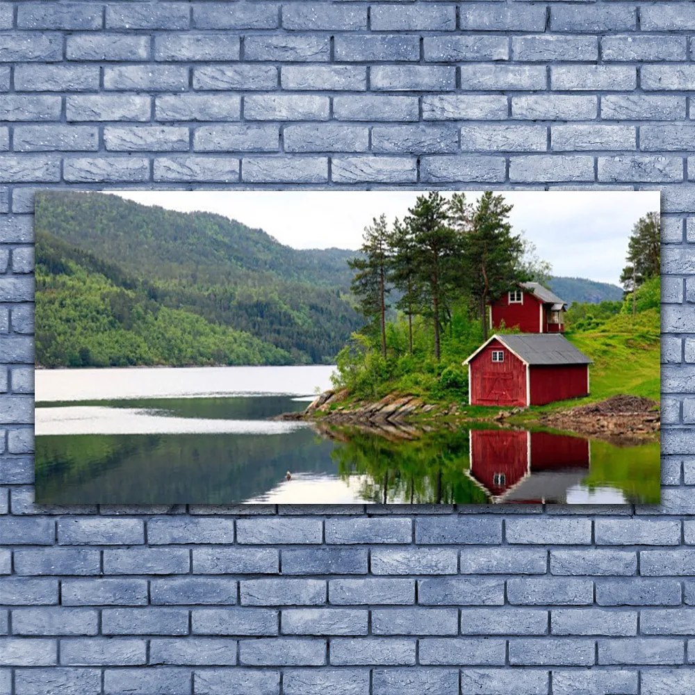 Obraz na akrylátovom skle Hory dom jazero príroda 120x60 cm