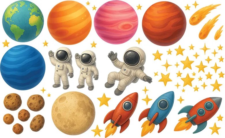Kozmonauti planéty a rakety textilní prelepiteľné nálepky na stenu hárok 46 x 28 cm
