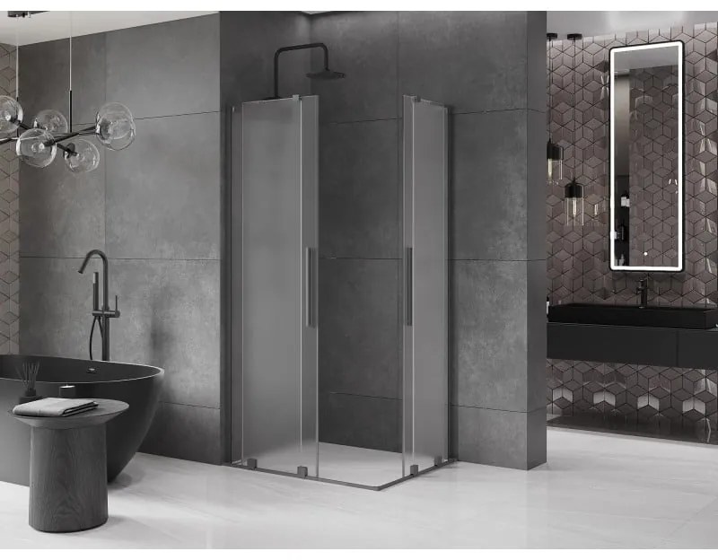 Mexen Velar L Duo, sprchový kút s posuvnými dverami 90 x 80 cm, 8mm sklo námraza, brúsený grafit, 871-090-080-02-33-95