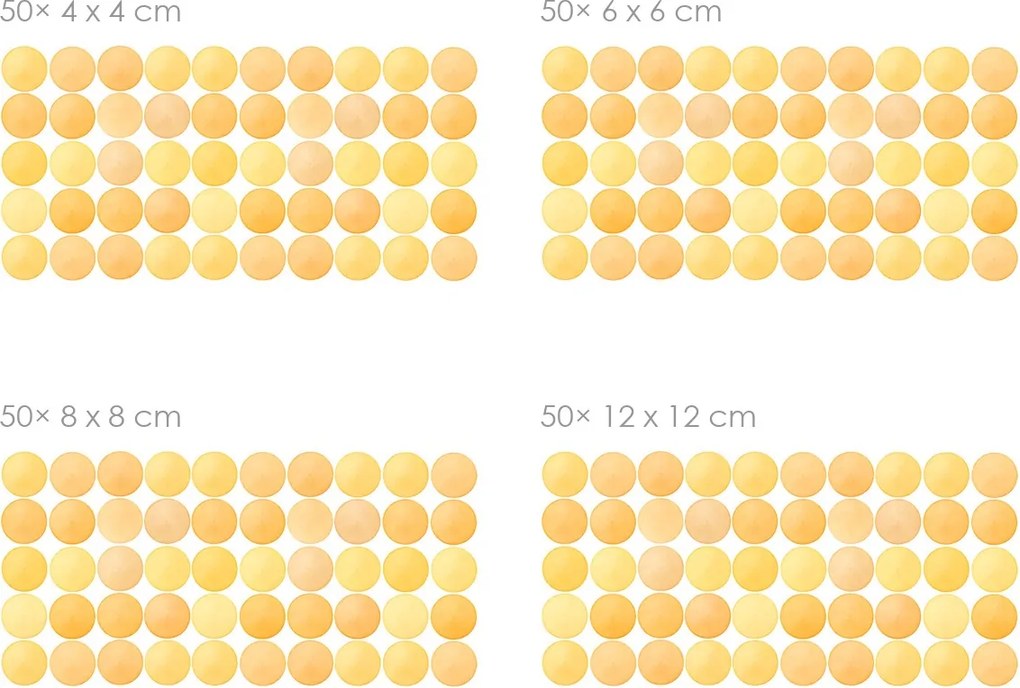 Akvarelové bodky žlté 50 ks textilné prelepiteľné nálepky na stenu 50 ks 4x4 cm