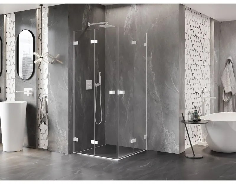 Mexen Lunar-F Duo, skladací sprchový kút 85 x 85 cm, 8mm číre sklo, biely profil, 836-085L-085P-20-00