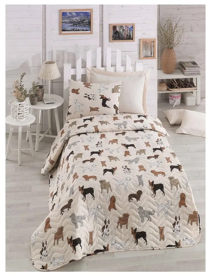 Krémový pléd na jednolôžko s obliečkou na vankúš Peritos, 160 × 220 cm