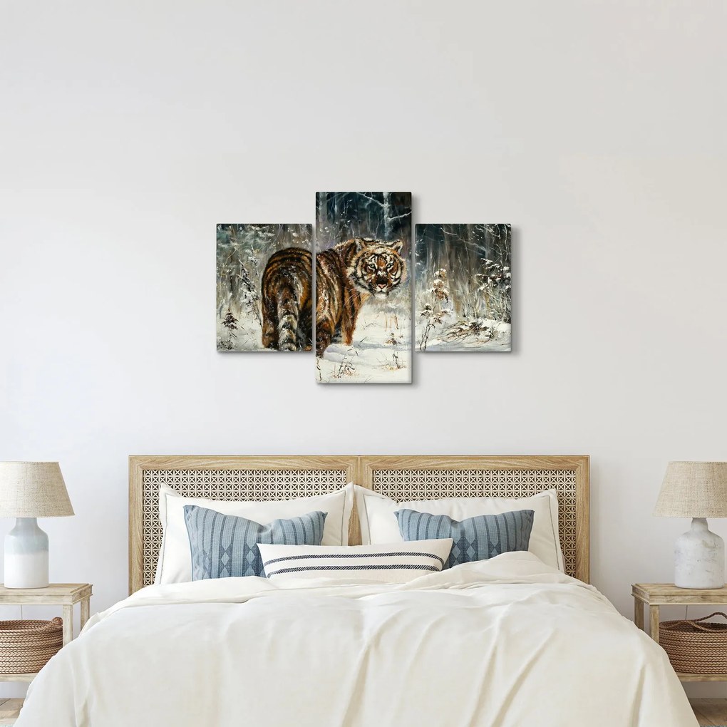 Obraz - Tiger v zasneženom lese, olejomaľba (90x60 cm)