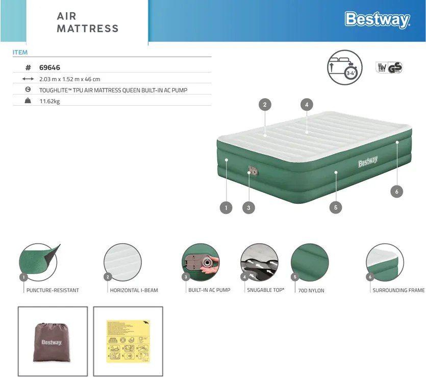 Bestway samonafukovací kempingový matrac pre 2 osoby, nosnosť 350 kg, 203 x 152 cm 69646