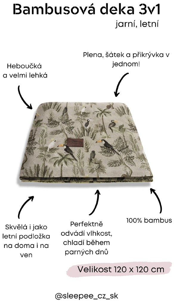 Detská bambusová deka 3v1 JUNGLE, KHAKI