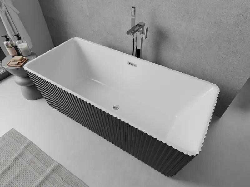 Mexen Nila, voľne stojaca ryhovaná vaňa 170 x 75 cm, biela-čierna, chrómový prepad, 52841708075-01