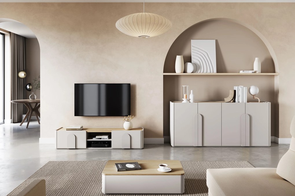 Komoda Amilio 200 cm štvordverová - kašmír / olejovaný dub / úchytky kašmír