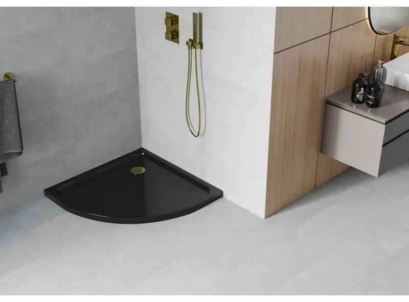 Mexen SLIM - Štvrťkruhová sprchová vanička 80x80x5cm + zlatý sifón, čierna, 41708080G