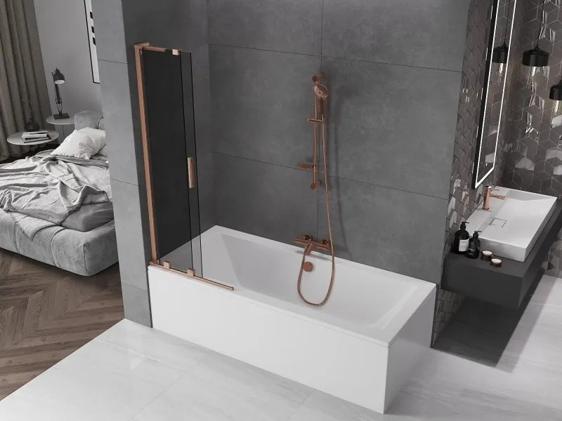 Mexen Velar L, 2-krídlová posuvná vaňová zástena 70 x 150 cm, 8mm šedé sklo, medená matná, 896-070-003-41-65