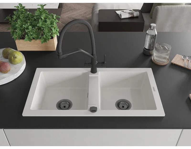 Mexen Mario, granitový drez 820x436x161 mm, 2-komorový a drezová batéria Duo, biela, 6504-20-671701-70-B