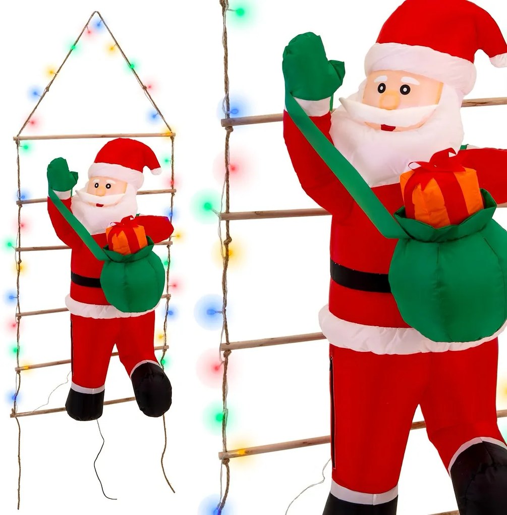 JU Nafukovací Santa na rebríku, 150 cm, 30 farebných LED, 1 biela LED, vonkajšie použitie