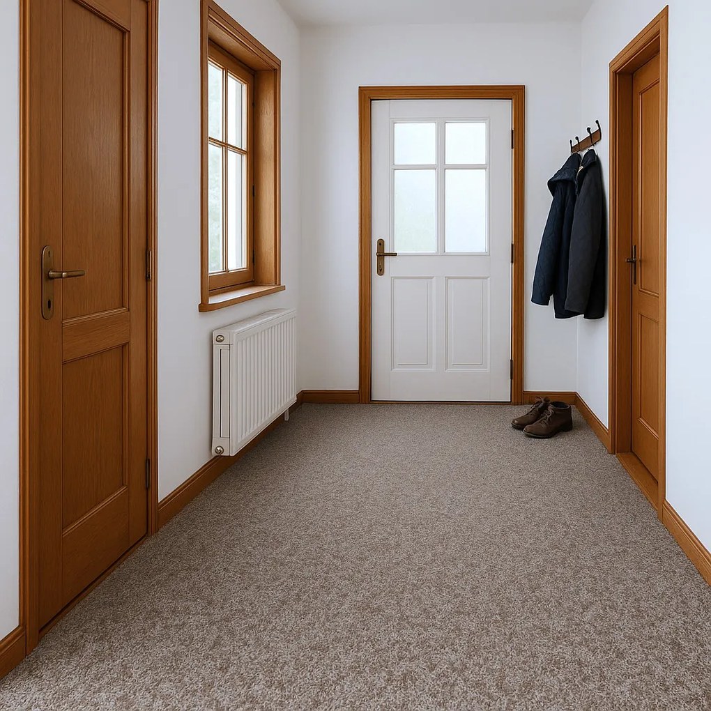 Vebe, Metrážny koberec Santana 12 piesková s podkladom resine, záťažový, na mieru, šíře 4m, béžová, resine, chodba / predsieň