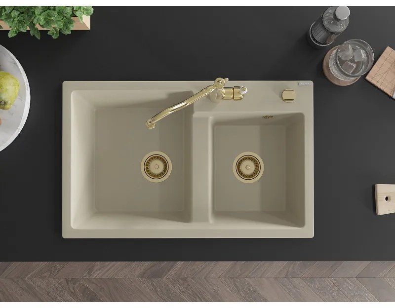 Mexen Tomas, granitový drez 800x500x190 mm, 2-komorový a drezová batéria Carla, béžová, 6516-69-670700-50