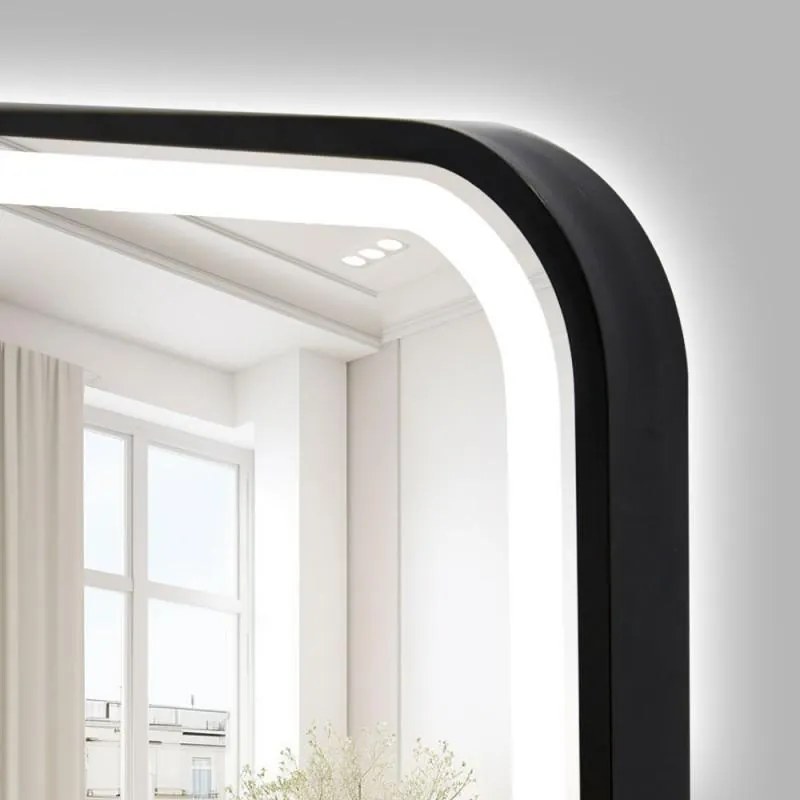 Erga Sari, LED zrkadlo v čiernom ráme s vyhrievaním a dotykovým ovládaním, 80 × 60 cm, čierna matná, ERG-YKA-MR.SARI-BLK-60X80