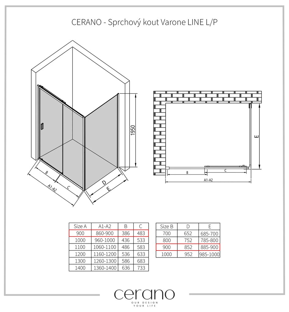 CERANO - Sprchovací kút Varone LINE L/P - čierna matná, transparentné sklo - 90x90 cm - posuvný, CER-CER-DY505B-9093