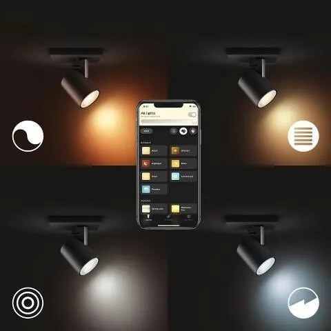 PHILIPS HUE Nástenné bodové LED inteligentné osvetlenie HUE RUNNER, 1xGU10, 5W, teplá biela-studená biela, čiern