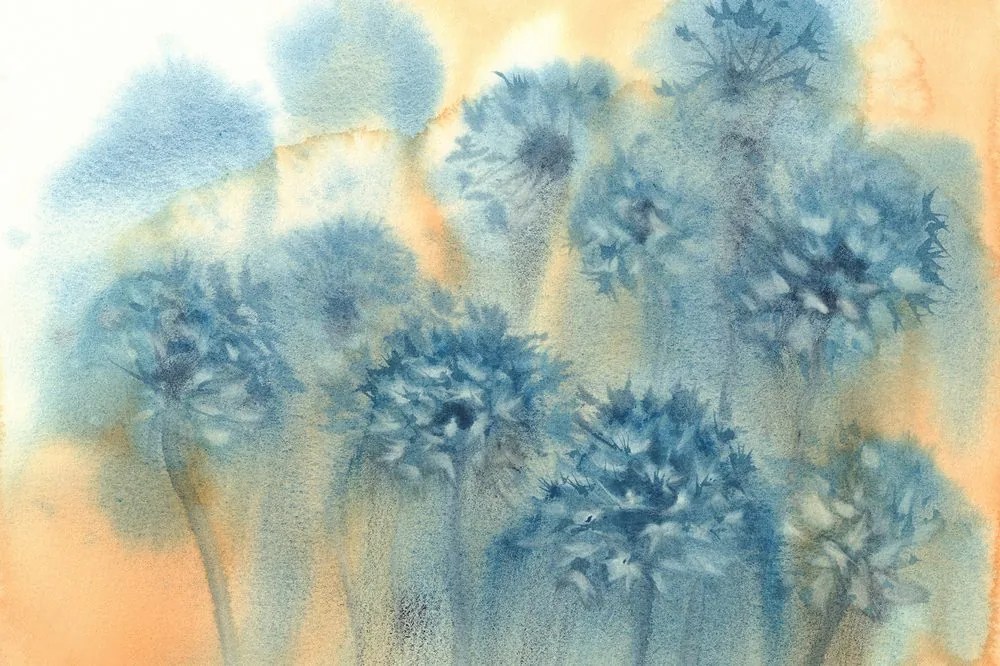 Tapeta akvarelová maľba púpavy v odtieňoch modrej