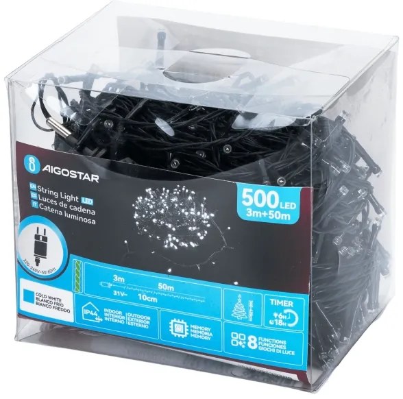 Aigostar - Vonkajší vianočný LED reťazec 500xLED/3,6W/230V 50m IP44 studená biela