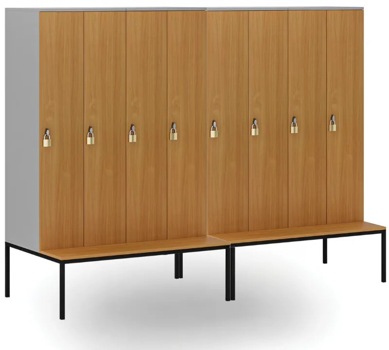 Drevená šatníková skrinka S4 s lavičkou, 4 oddiely, 1871 x 1200 x 500/800 mm, demont, otočný zámok, sivá/breza