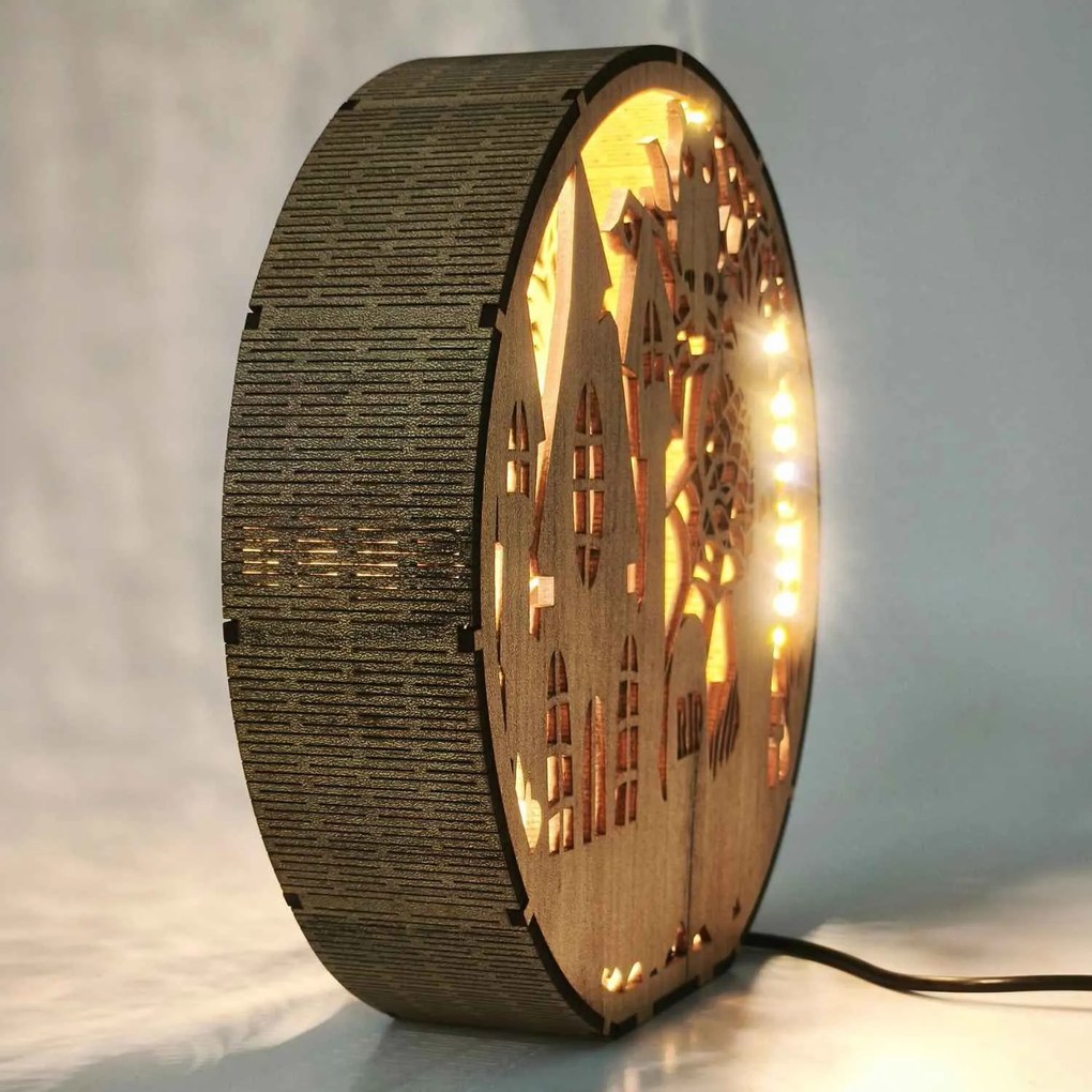 Drevená lampa Halloween - Strašidelný dom s sovou | DRACO: HDF - Orech 20 cm 4796-115339 LED0619