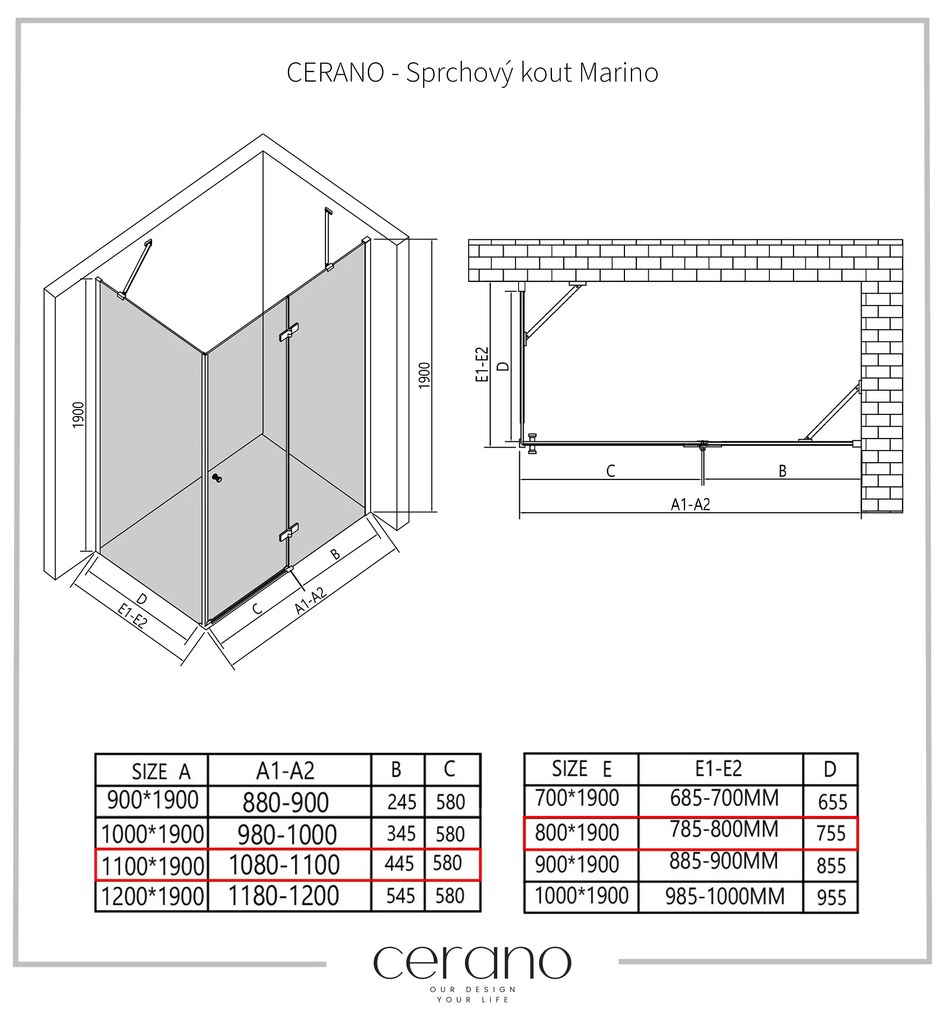 Cerano Marino, sprchovací kút 110(dvere) x 80(stena) x 190 cm, 6mm číre sklo, chrómový profil, CER-CER-422787