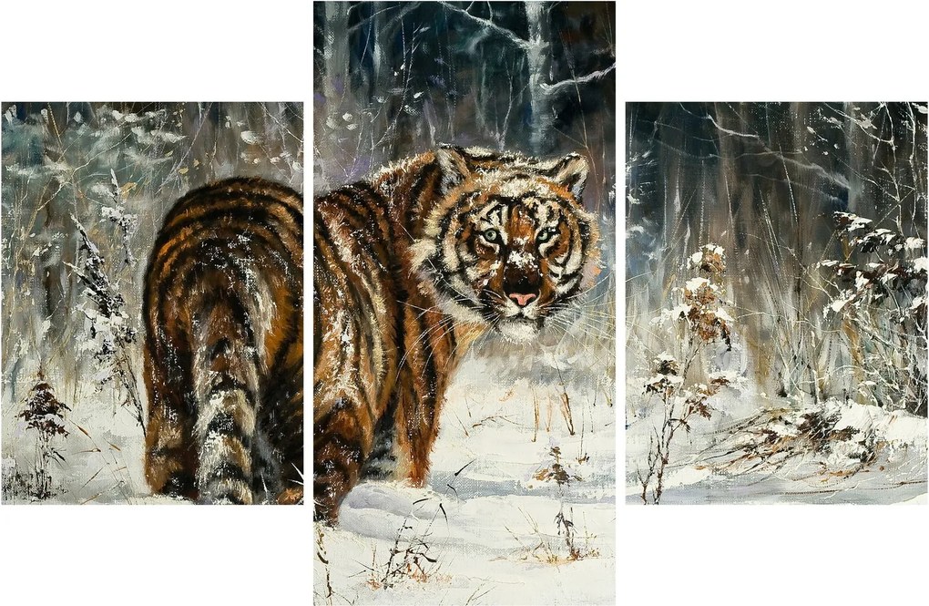 Obraz - Tiger v zasneženom lese, olejomaľba (90x60 cm)